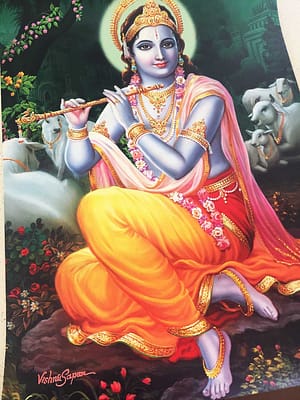 Krishna con vacas tocando la flauta